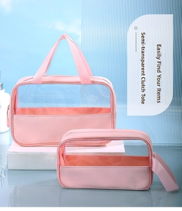 Pink waterproof travel makeup bag set with transparent PVC and leather detailing