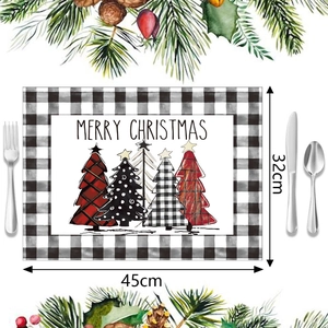 Christmas placemat featuring buffalo plaid border and festive trees, size 45x32cm