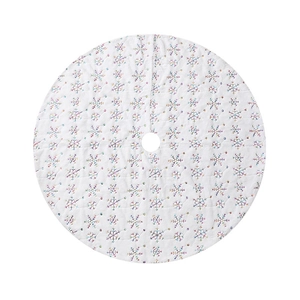 White 48-inch Christmas tree skirt with colorful embroidered snowflakes on plush fabric