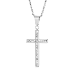 Polished silver stainless steel cross pendant necklace with sparkling clear rhinestones