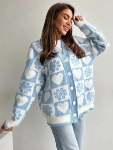 Gilet Tricoté Femmes Coton Polyester Coupe Ample Motif Cœur Fleur Col En V Boutonné Douce Décontracté Automne