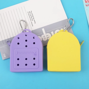 Mini silicone hole bag coin purses in purple and yellow with metal carabiners
