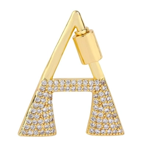 Detailed view of gold plated letter A pendant with clear cubic zirconia and screw clasp