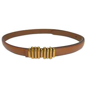 Retro brown genuine leather belt with a unique golden multi-bar buckle for women