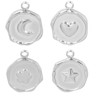 Polished stainless steel round pendants with embossed moon heart flower and star patterns