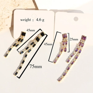 Detail showing 4.6g gold tassel earrings with colorful zircons in 25mm to 75mm lengths