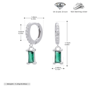 Detailed view of S925 sterling silver earrings with green zircon and 1.75cm size specs