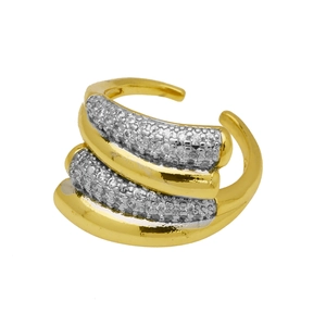 Modern two-tone 18k gold plated ring with striped lines and pave set zircon stones