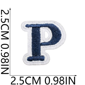 Mini embroidered letter P patch in navy blue with white border and 2.5cm size mark
