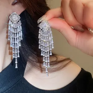 Luxury gold plated silver needle cubic zirconia rhombus tassel earrings for women