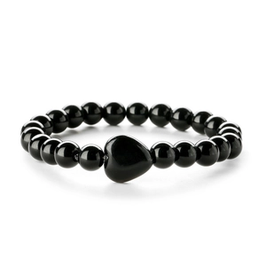 Polished black agate beaded bracelet featuring a minimalist heart-shaped charm centerpiece