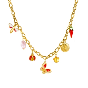 Close-up of gold-plated necklace with colorful butterfly, ladybug and bee coin charms