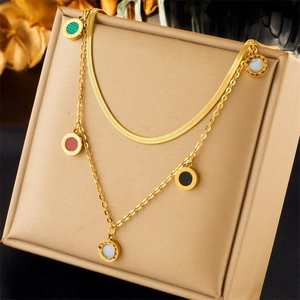 Double-layer gold stainless steel chain necklace with Roman numerals and colorful stones