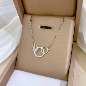 Titanium steel double ring necklace with pave butterfly pendant in premium gift box