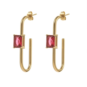 Elegant gold J-shaped earrings with rectangular pink zircon stones on white background