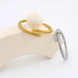 Minimalist stainless steel twisted cable cuff bracelets in gold and silver finish