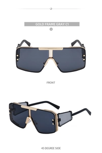 Steampunk shield sunglasses with gold frames and gray lenses shown from front and side angles