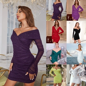 Sexy Off Shoulder Deep V Neck Long Sleeve Sequined Glitter Ruched Mini Dress Party Evening Clubwear Bodycon For Women