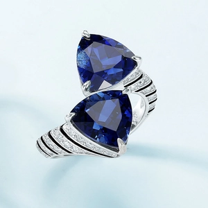 Elegant S925 silver open ring with dual triangle blue gemstones and side accent diamonds