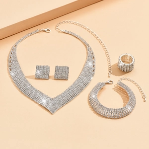 Elegant silver bridal jewelry set with sparkling rhinestones necklace bracelet and ring