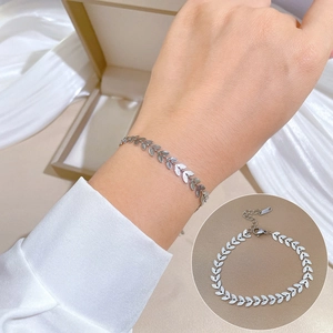 Minimalist titanium steel wheat leaf chain bracelet with adjustable lobster clasp for women