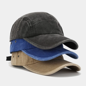 Vintage washed 5-panel baseball caps in charcoal, royal blue, and khaki colors