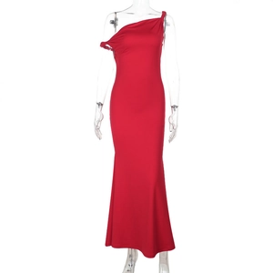 Detail of red off-shoulder mermaid evening dress with bodycon fit and floor-length hem