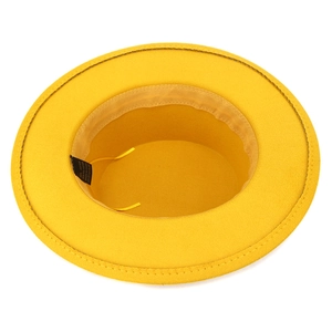 Detail showing the inner lining, sweatband and adjustable drawstring of yellow wool fedora