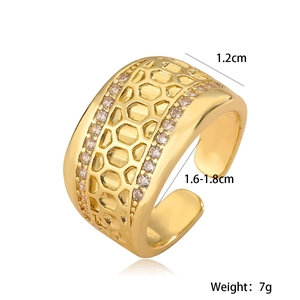 18K gold plated wide open ring with honeycomb texture and double rows of zircons