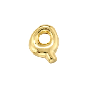 Close-up of a glossy gold bubble letter Q pendant with polished metallic surface