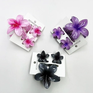 Detail of pink and purple floral hair claw clips set on a display card in a top-down view
