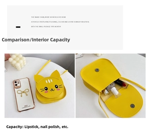 Mini yellow cat crossbody bag size comparison with phone and internal storage view
