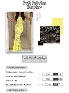 Détail du tissu en dentelle jaune sur robe bustier dos nu avec texture 95% polyester