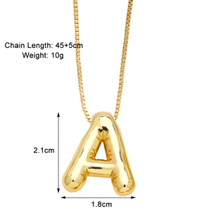 Puffy golden letter A necklace with 45+5cm chain length and 2.1x1.8cm pendant details