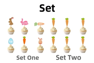 Detailed close-up of Easter cake toppers featuring cartoon rabbits, carrots and eggs