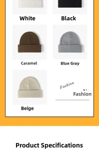Flat lay of five rib-knit beanies in white, black, caramel, blue-grey, and beige colors