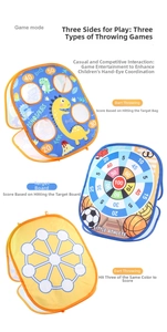 Three-in-one dinosaur themed kids toss game board featuring bean bags and sticky balls