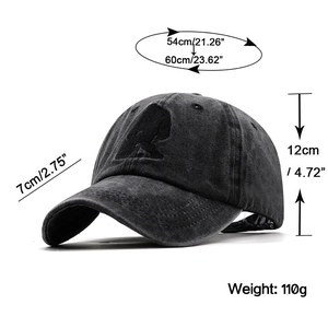 Washed cotton baseball cap with gorilla embroidery and size measurement guide details