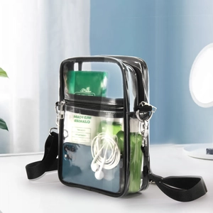 Detail view of transparent PVC crossbody bag with black piping showing spacious interior storage