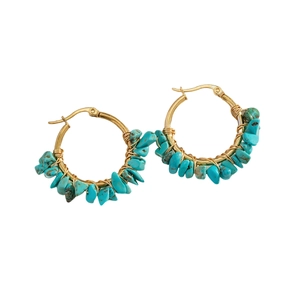 Handmade Bohemian turquoise stone hoop earrings with gold-tone wire wrapping