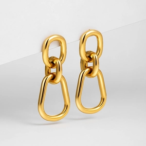 Polished 18K gold double oval link earrings with minimalist 3-tier chain geometry
