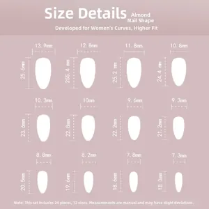 Size chart showing 24 pieces of almond-shaped press-on nails in 12 different dimensions
