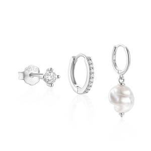 Detail of 925 sterling silver earring set with turquoise, pearls and zircon studs