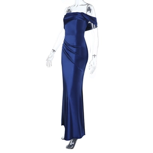 Detail view of navy satin off-shoulder evening dress with elegant pleated draping