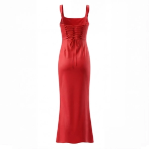 Elegant red backless satin evening gown with lace-up tie detail and sleek fishtail silhouette