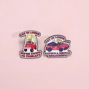 Funny pink enamel toy car brooch pins featuring sarcastic quotes for women and girls