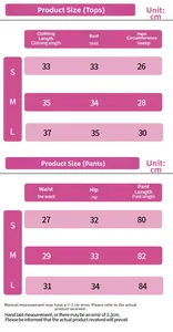 Detailed size chart for seamless yoga set including top and legging measurements in cm