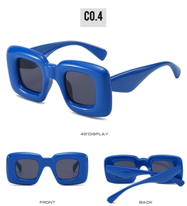 Detailed multi-angle views of blue Y2K chunky square sunglasses with smoke lenses