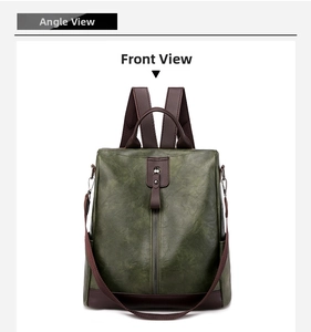 Front view of vintage dark green PU leather backpack with contrasting brown zipper and handles