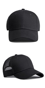 Close-up of black mesh trucker caps showing breathable mesh design and structured front crown